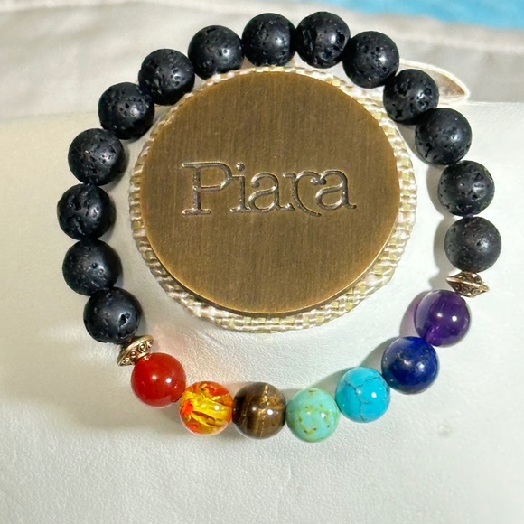 Multicolor 7 stone chakra stretchy bracelet w/black lava stones - Picture 11 of 16